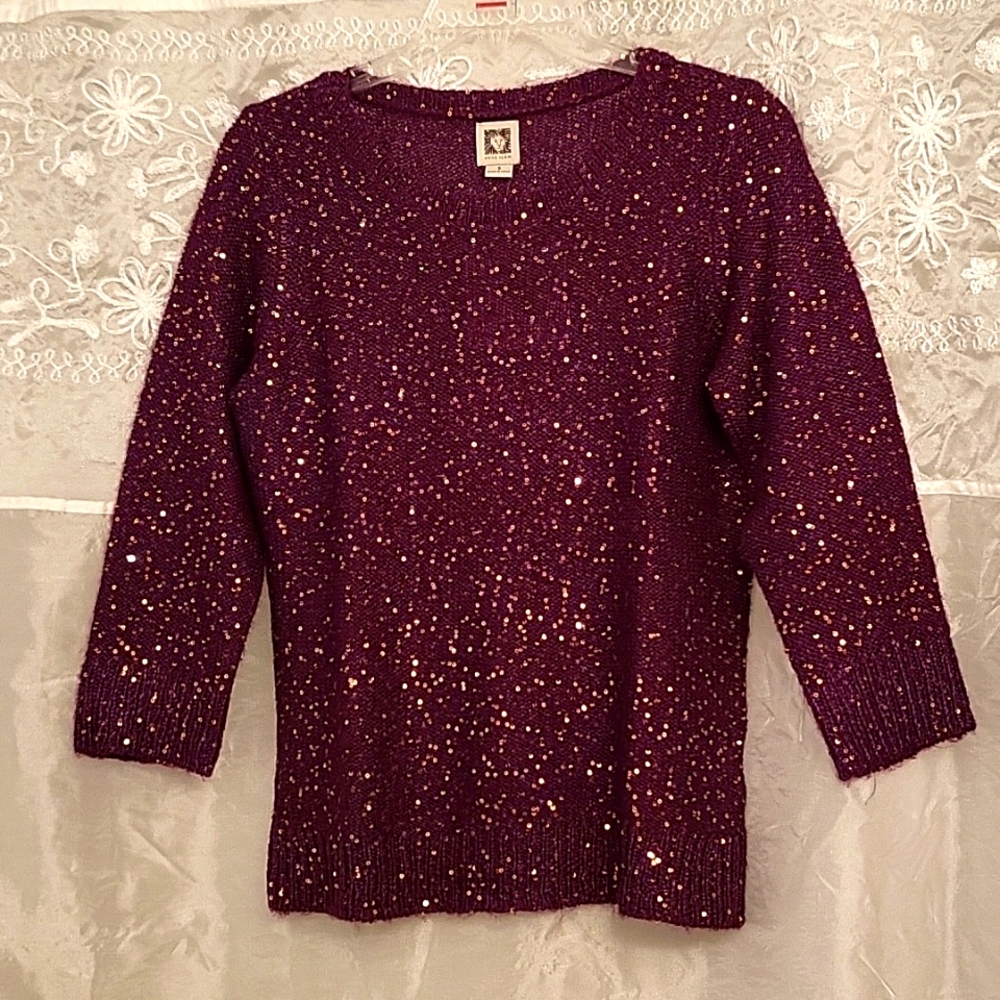 NEW Anne Klein Purple & Gold Sparkling Sweater, 3/4 Sleeve, S/M